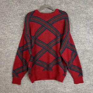 Vintage Janzen Sweater Mens Large Red Green‎ Blue Plaid Knit Crew Neck Pullover